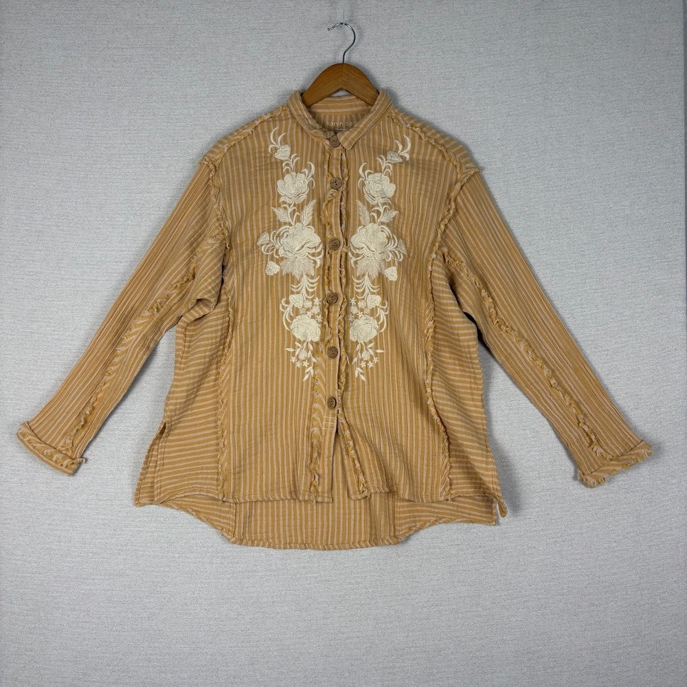 Karyn‎ Seo Button Up Womens L Gauze Cotton Fringe Embroidered Striped Boho